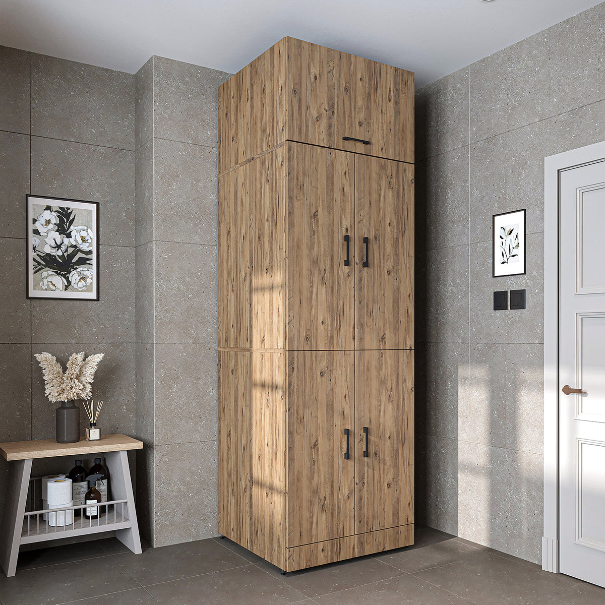 Roomart armario para lavadora " DORA " para secadora y lavadora, en 4 colores, con puertas y estante extraíble - blanco - roble blanco - roble antracita - roble - armario para lavadora, estante para lavadora, torre de lavado, armario, blanco, lavadoras, armario bajo,