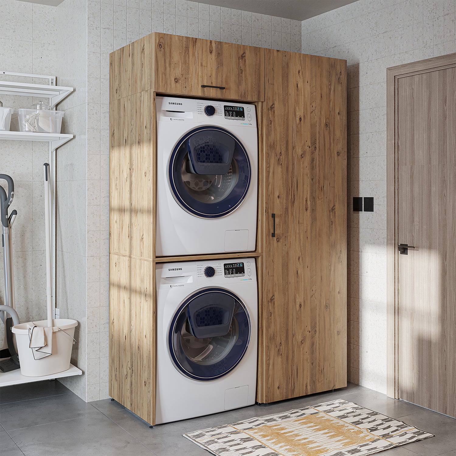 Roomart DUO Waschmaschinenschrank Trockner auf Waschmaschine • 127 cm breit • Weiß, Eiche Waschmaschinenschrank - waschmaschinenschrank, waschmaschinenregal, waschturm, schrank, weiß, waschmaschinen, unterschrank, waschmaschine, trockner, haushaltsschrank