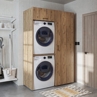 Roomart DUO Waschmaschinenschrank Trockner auf Waschmaschine • 127 cm breit • Weiß, Eiche Waschmaschinenschrank - waschmaschinenschrank, waschmaschinenregal, waschturm, schrank, weiß, waschmaschinen, unterschrank, waschmaschine, trockner, haushaltsschrank
