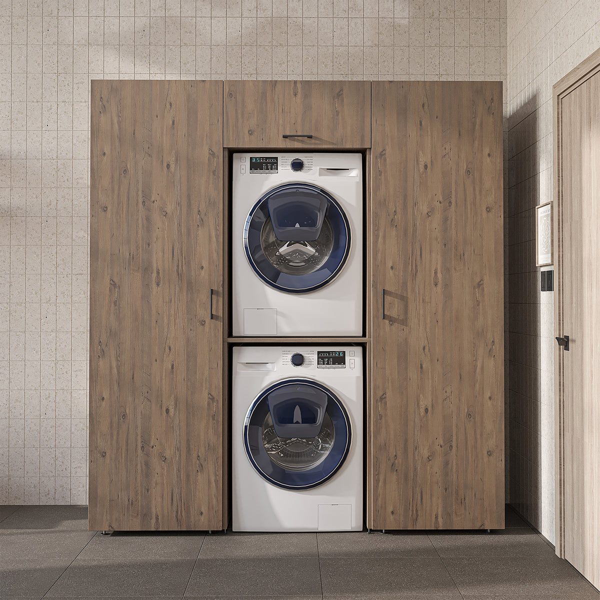 Roomart Schrankwand DUO-I, 187 cm, mit 2 Hochschränken und Oberschrank für Waschmaschine & Trockner, in 2 Farben