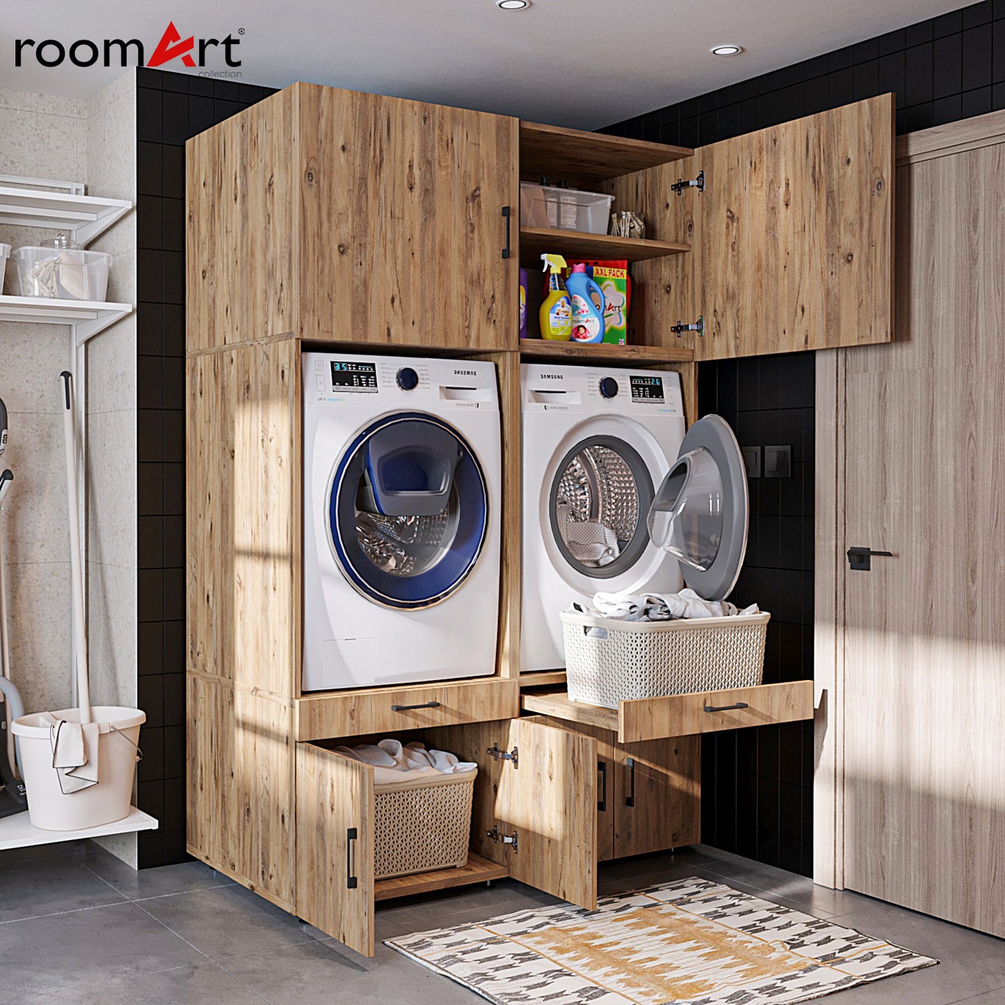 Roomart Waschmachinen Doppelschrrank Überbauschrank HBT: 205 x 134 x 66,8 cm, in 3 Farben-waschmaschinenschrank, waschmaschinenregal, waschturm, schrank, weiß, waschmaschinen, unterschrank, waschmaschine, trockner, haushaltsschrank, schränke, badschrank,