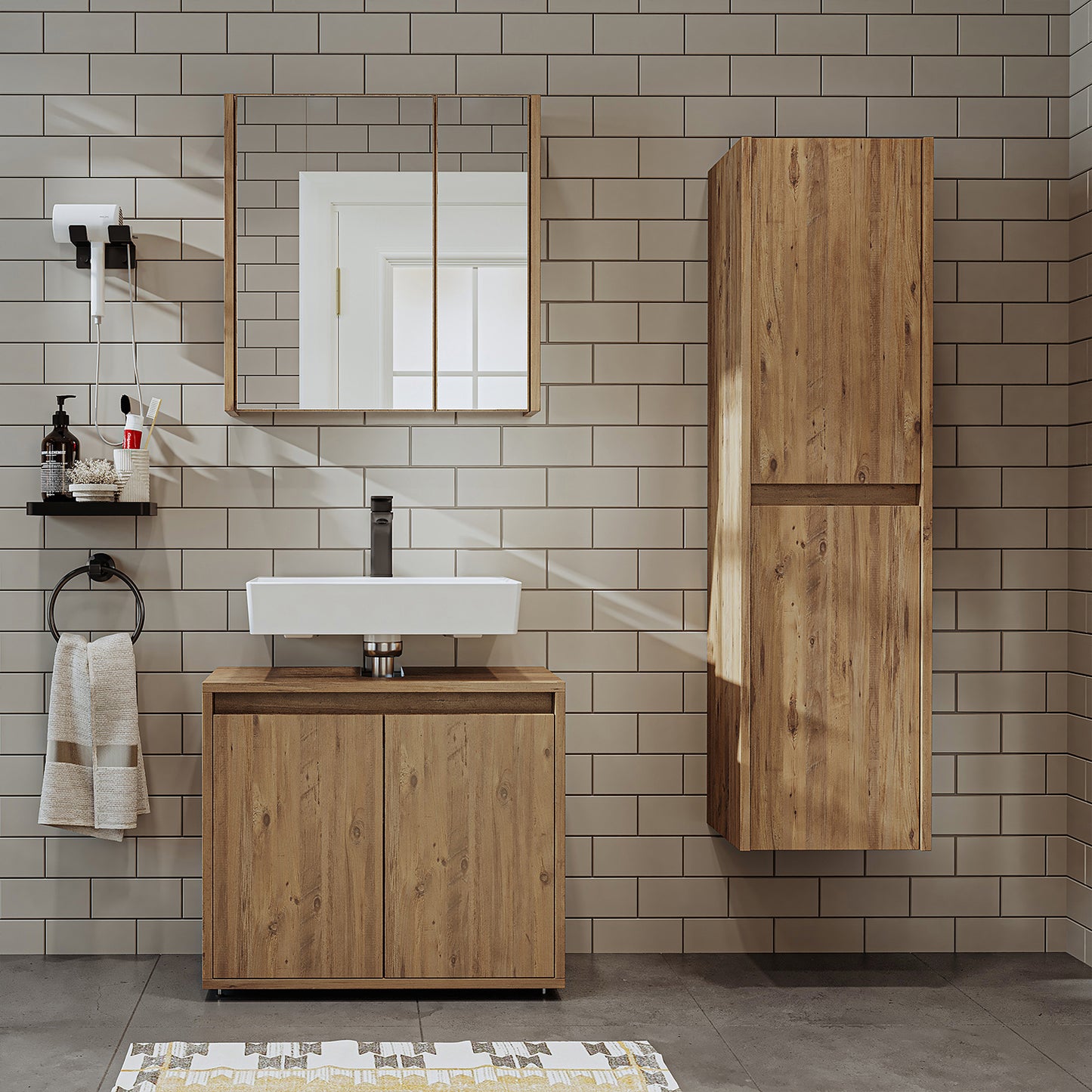 Roomart Badmöbel Set MELONA 3-teilig, in 4 Farben, 65cm Unterschrank • Spiegelschrank • Hochschrank-badezimmerschrank, waschbecken, badezimmermöbel, badschrank, badezimmer, mit, unterschrank, badmöbel, set, waschtisch, möbel, badezimmermãbel, bad, badezim