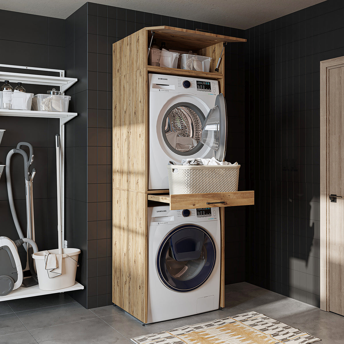 Roomart Waschmaschinenschrank für Trockner & Waschmaschine, in 3 Farben, mit Ausziehbrett • Weiß • Eiche • Schwarz Eiche - waschmaschinenuntergestelle, dämpfer waschmaschine, waschmaschinen aufsatz für trockner, unterschrank waschmaschine, kühlschrank erh