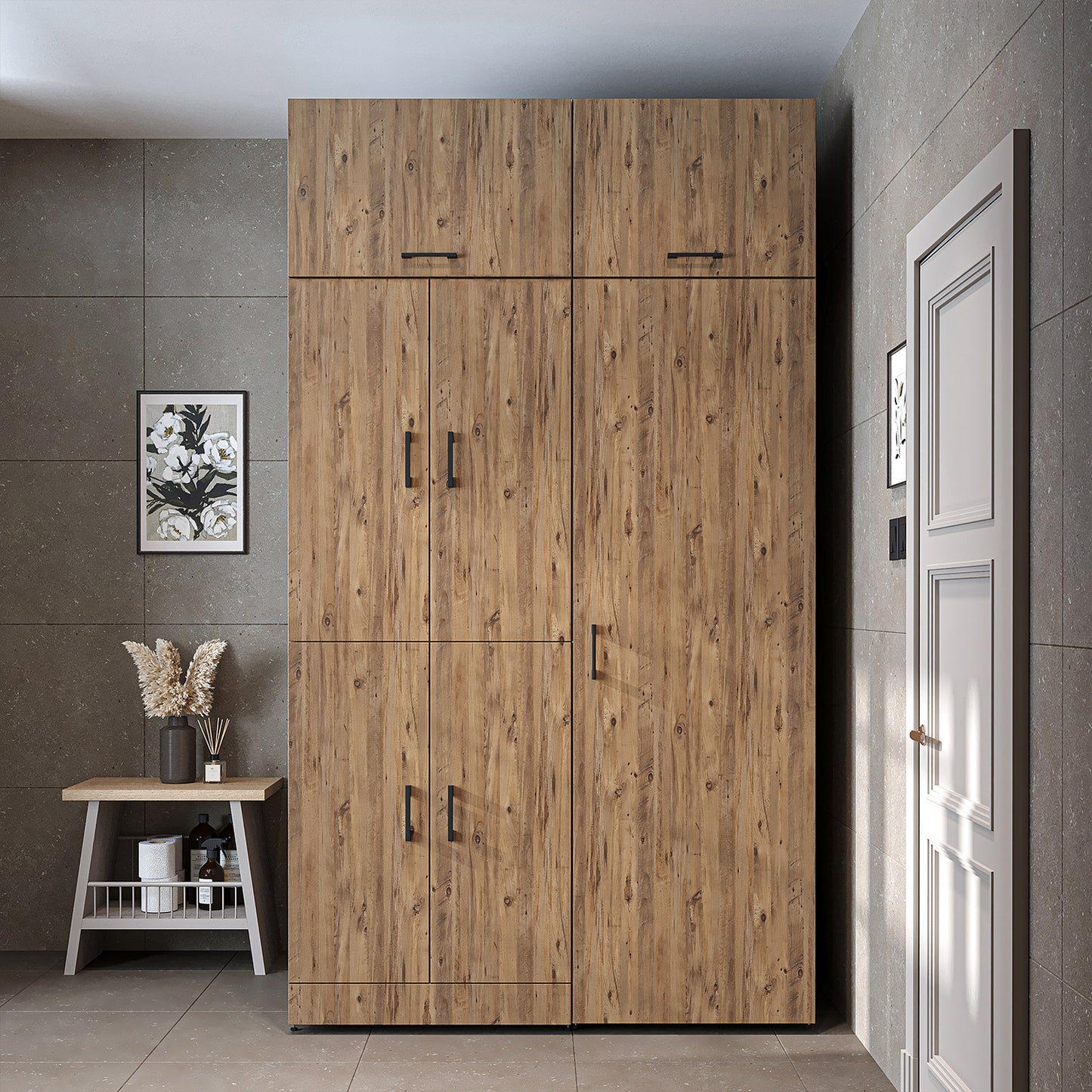 Roomart Waschmaschinenschrank " DORA SET" für Trockner & Waschmaschine, 130 cm breit, in 4 Farben, mit Türen & Ausziehbrett • Weiß • Weiß Eiche • Anthrazit Eiche • Eiche - waschmaschinenschrank, waschmaschinenregal, waschturm, schrank, weiß, waschmaschine