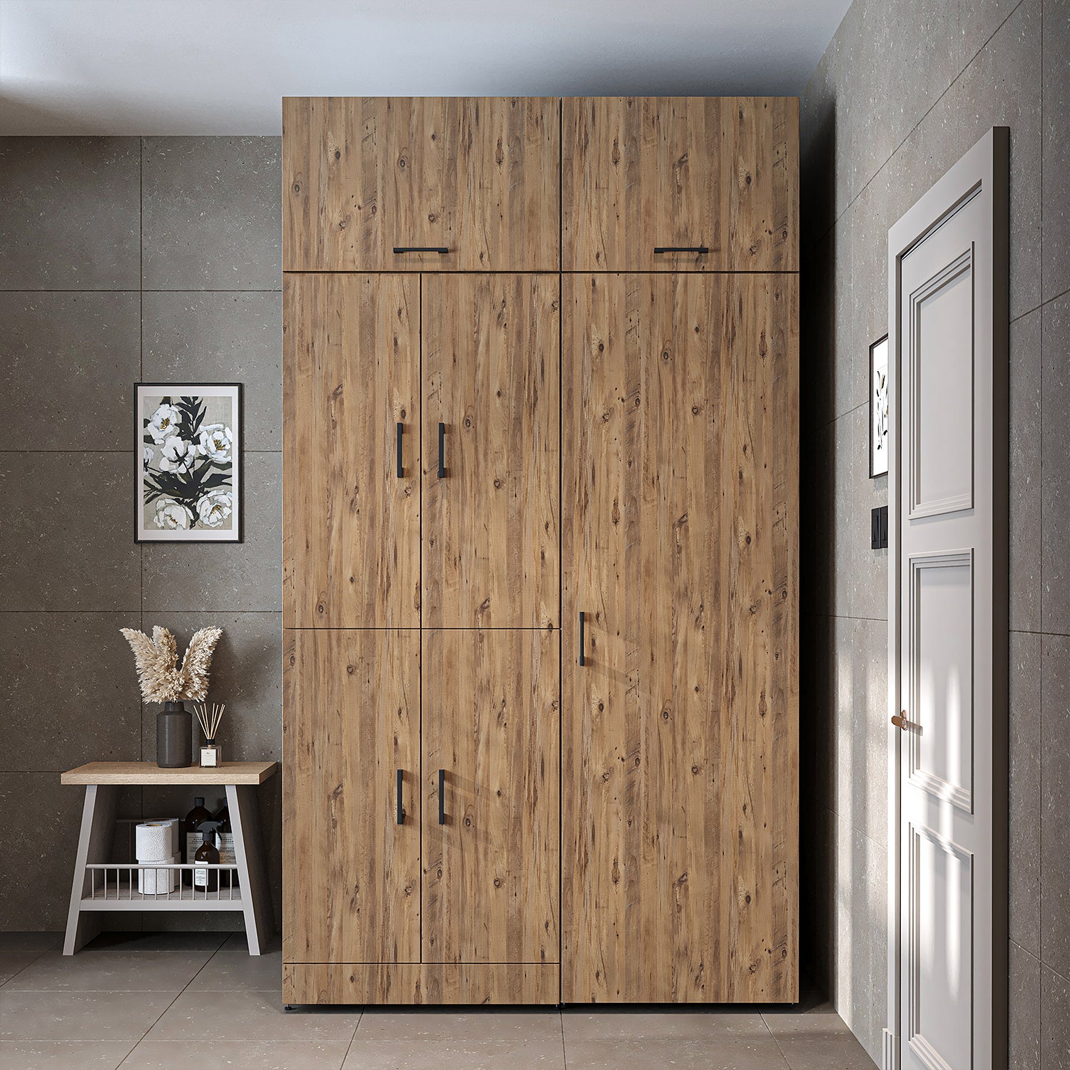 Roomart washing machine cabinet " DORA SET" for dryer & washing machine, 130 cm wide, in 4 colors, with doors & pull-out shelf - white - white oak - anthracite oak - oak - washing machine cabinet, washing machine shelf, washing tower, cabinet, white, washing machine