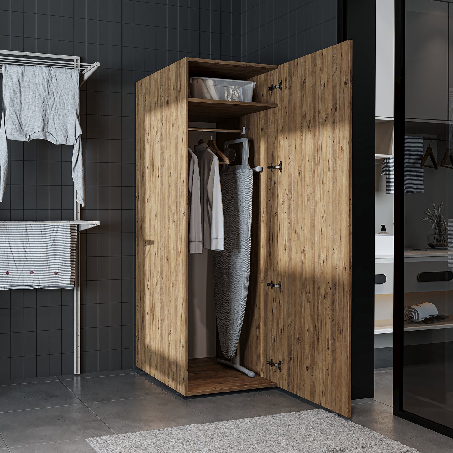 Roomart • DORA Hochschrank 60cm Breit • Weiß • Weiß Eiche • Eiche • Anthracit Eiche - waschmaschinenschrank, waschmaschinenregal, waschturm, schrank, weiß, waschmaschinen, unterschrank, waschmaschine, trockner, haushaltsschrank, schränke, badschrank, hoch