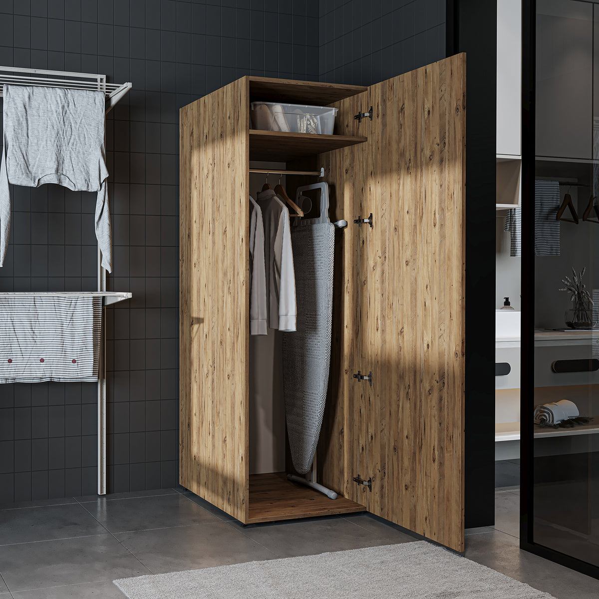 Roomart - DORA Armario Alto 60cm Ancho - Blanco - Roble Blanco - Roble Antracita - armario lavadora, estante lavadora, torre lavadora, armario, blanco, lavadoras, armario bajo, lavadora, secadora, armario hogar, armarios, armario baño, alto