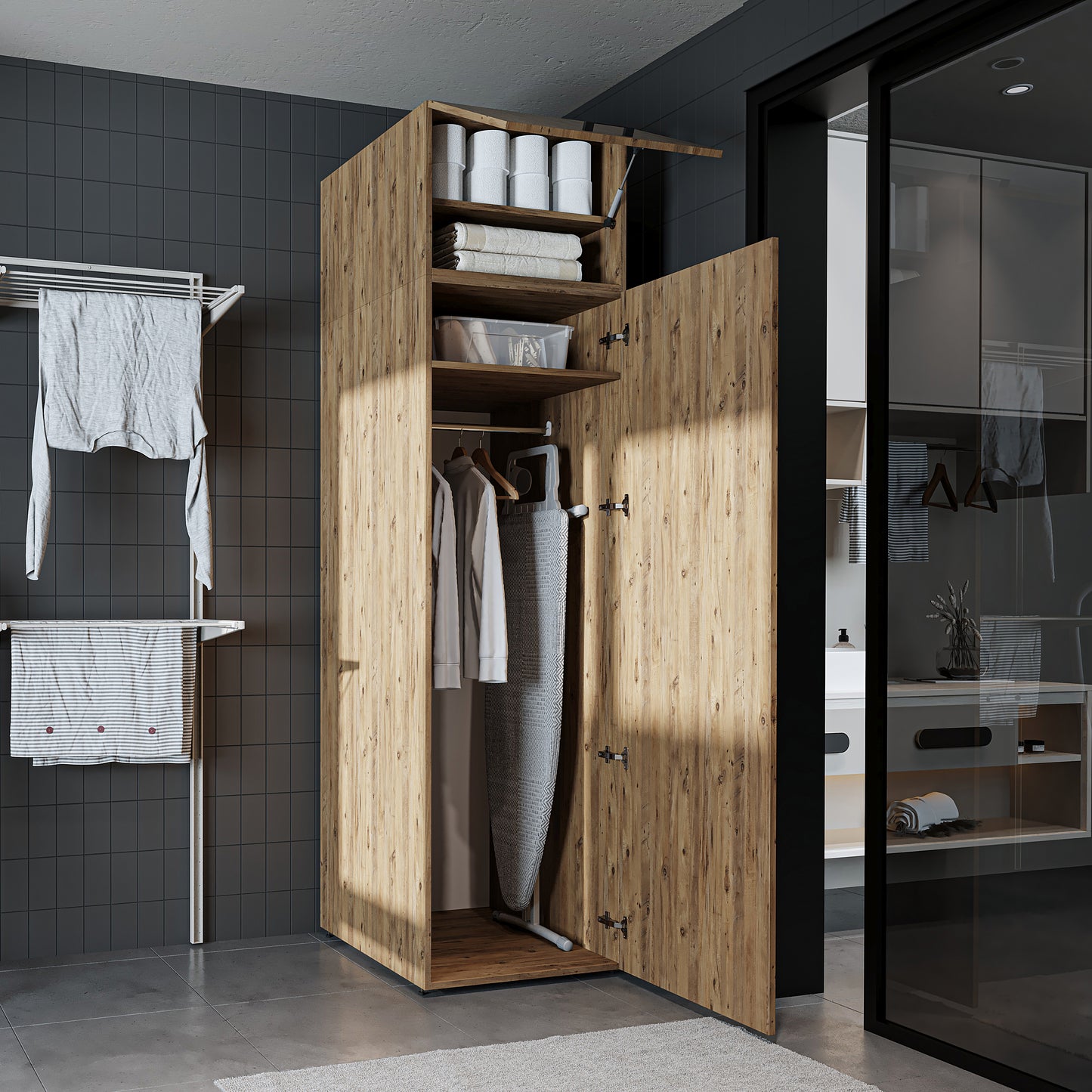 Roomart • DORA Hochschrank 60cm Breit • Weiß • Weiß Eiche • Eiche • Anthracit Eiche - waschmaschinenschrank, waschmaschinenregal, waschturm, schrank, weiß, waschmaschinen, unterschrank, waschmaschine, trockner, haushaltsschrank, schränke, badschrank, hoch