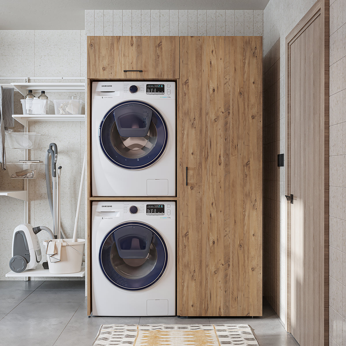 Roomart DUO Waschmaschinenschrank Trockner auf Waschmaschine • 127 cm breit • Weiß, Eiche Waschmaschinenschrank - waschmaschinenschrank, waschmaschinenregal, waschturm, schrank, weiß, waschmaschinen, unterschrank, waschmaschine, trockner, haushaltsschrank
