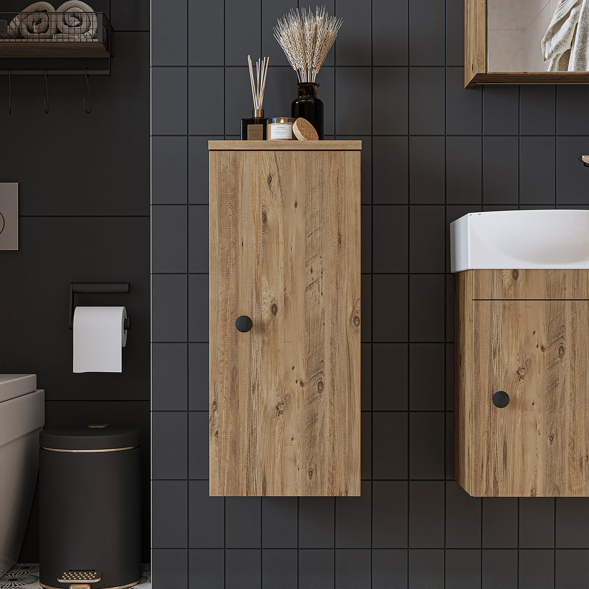 Roomart Seitenschrank „Punto“ – moderner, kompakter 70 cm Bad-Hängeschrank mit Softclose – in Weiß, Weiß-Eiche, Eiche oder Anthrazit-Eiche - Hängeschrank, wand, hochschrank, hochschrank weiß, 60 cm breit, küche, waschküche, wohnzimmer, schmal, 40 cm brei