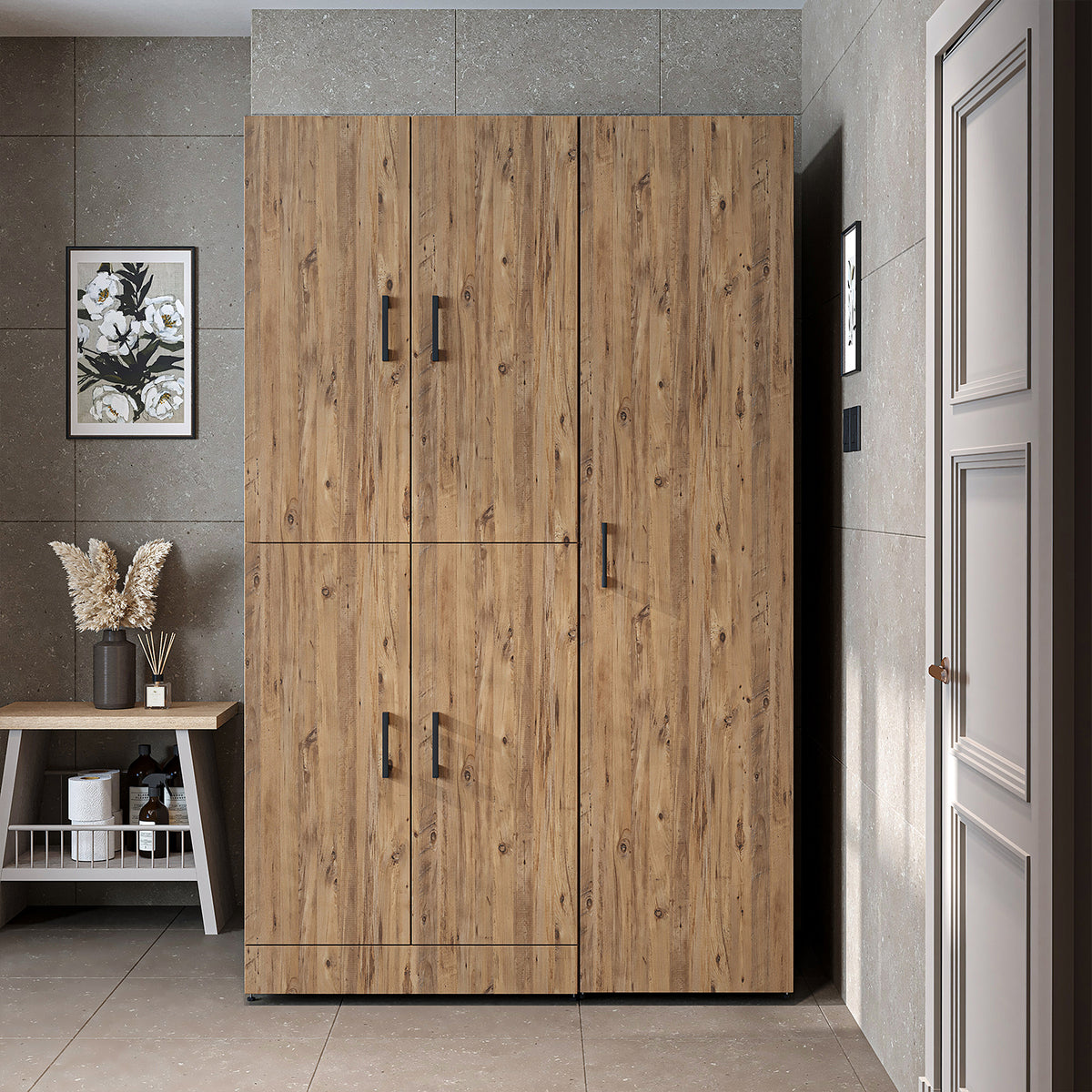 Armadio per lavatrice "DORA SET" per asciugatrice e lavatrice, larghezza 115 cm, in 4 colori, con ante e ripiano estraibile - bianco - rovere bianco - rovere antracite - rovere - armadio per lavatrice, scaffale per lavatrice, torre per lavatrice, armadio, bianco, lavatrice
