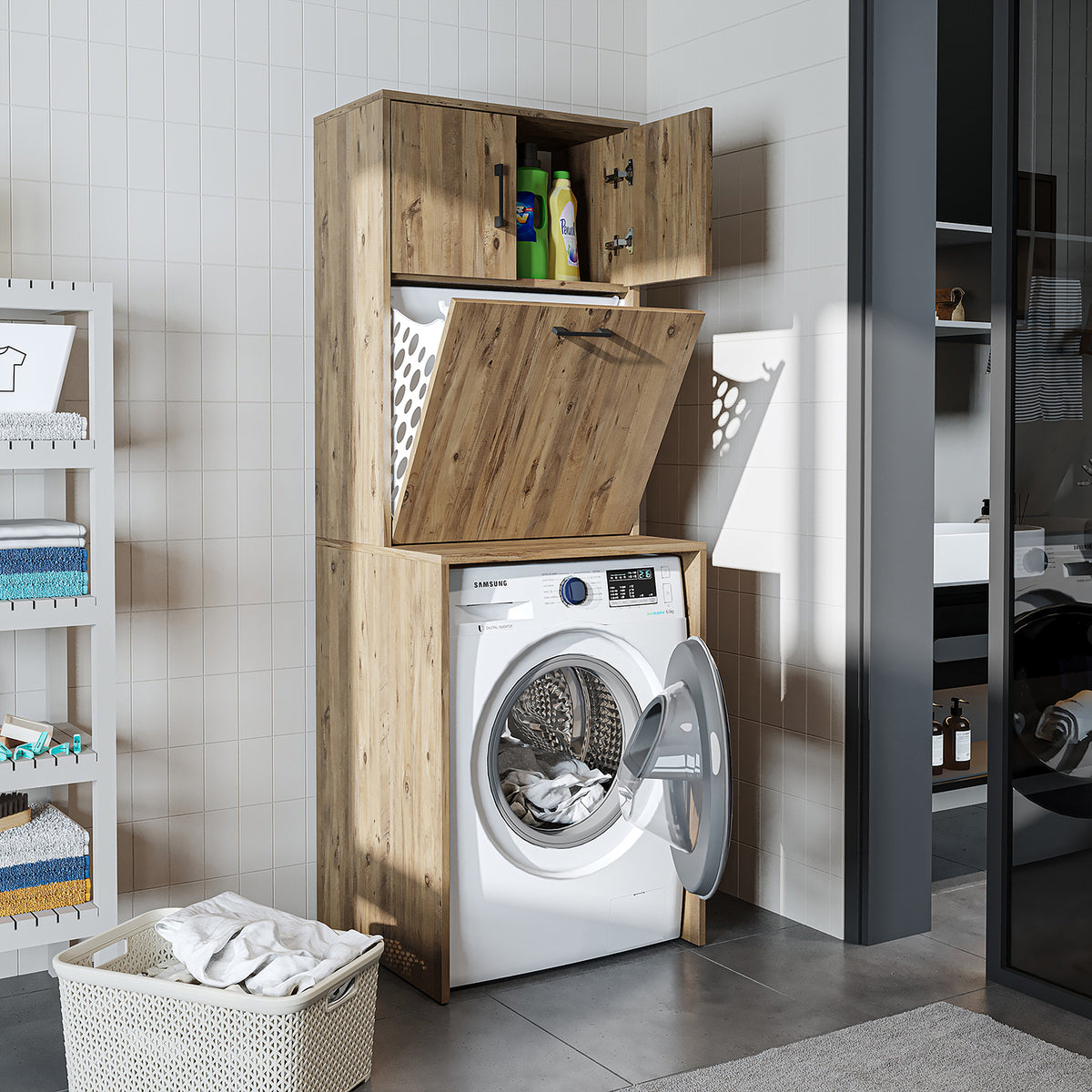 Roomart, washing machine cabinet LUNA, washing machine superstructure with laundry basket, WDH: 65 X 181 X 65 cm, in white, oak, anthracite oak, oak - washing machine cabinet, washing machine shelf, washing tower, cabinet, white, washing machines, base cabinet, washing machine, t