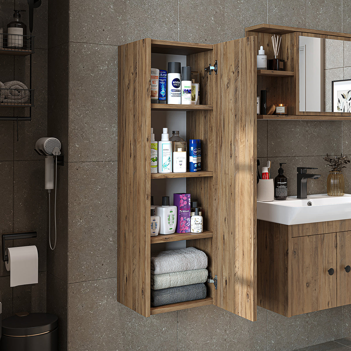 Roomart 4-teiliges Badmöbel-Set ADA, 60 cm, mit Waschbecken und Hochschrank, in 5 Farben