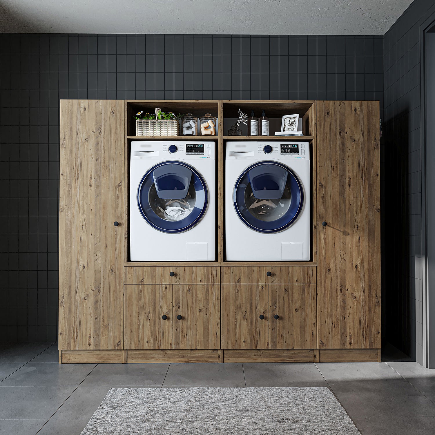 View details for Roomart Washing machine cabinet & wall unit for laundry room and utility room - 224 cm wide - with practical pull-out shelf - available in white, oak or black oak Roomart Washing machine cabinet & wall unit for laundry room and utility room - 224 cm wide - with practical pull-out shelf - available in white, oak or black oak