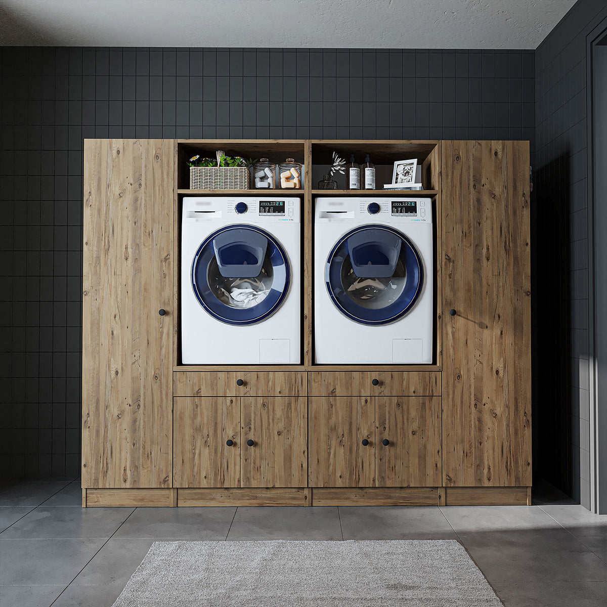 Ver detalles de Roomart Armario para lavadora y mueble alto para lavadero y cuarto de servicio - 224 cm de ancho - con práctico estante extraíble - disponible en blanco, roble o roble negro Roomart Armario para lavadora y mueble alto para lavadero y cuarto de servicio - 224 cm de ancho - con práctico estante extraíble - disponible en blanco, roble o roble negro
