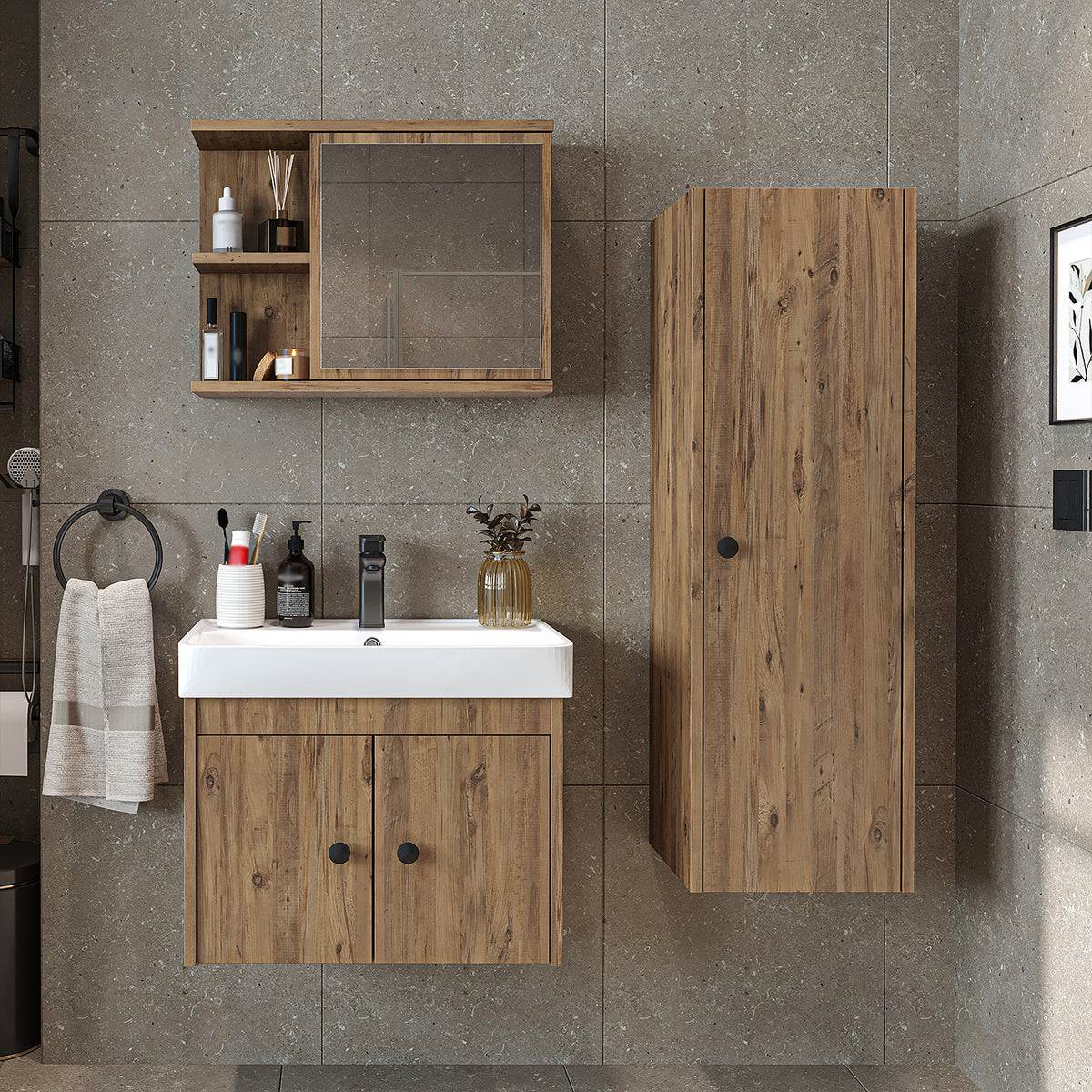 Roomart 4-teiliges Badmöbel-Set ADA, 60 cm, mit Waschbecken und Hochschrank, in 5 Farben