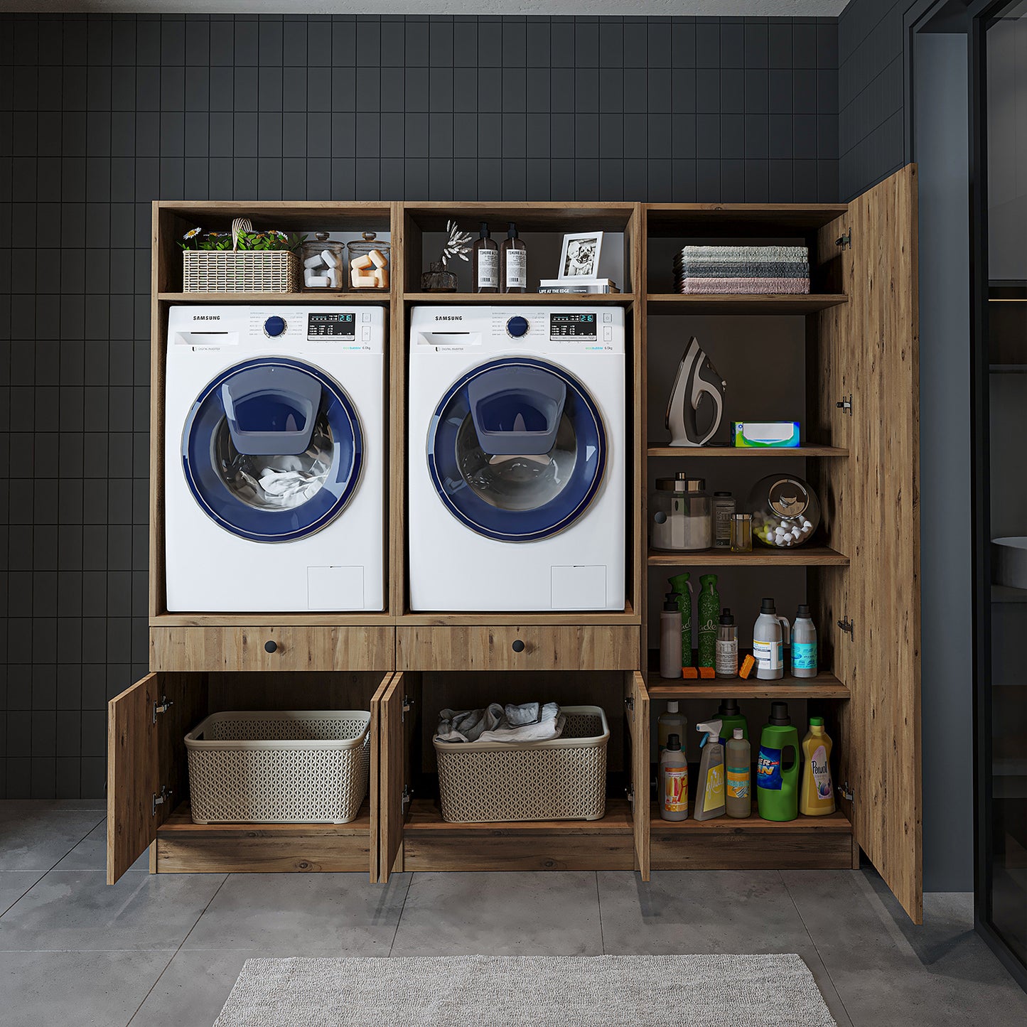 Roomart Schrankwand für Waschküche & Hauswirtschaftsraum, in 3 Farben, Mit Ausziehbrett • Weiß • Schwarz eiche - waschmaschinenschrank, waschmaschinenregal, waschturm, schrank, weiß, waschmaschinen, unterschrank, waschmaschine, trockner, haushaltsschrank,