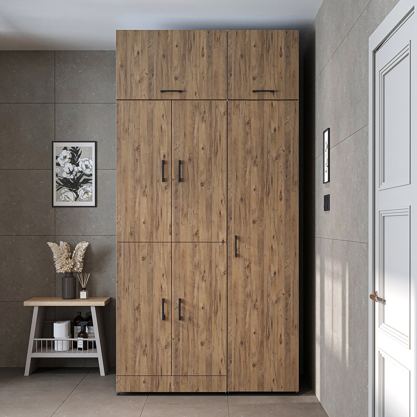 Roomart Waschmaschinenschrank " DORA SET" für Trockner & Waschmaschine, 115 cm breit, in 4 Farben, mit Türen & Ausziehbrett • Weiß • Weiß Eiche • Anthrazit Eiche • Eiche - waschmaschinenschrank, waschmaschinenregal, waschturm, schrank, weiß, waschmaschine