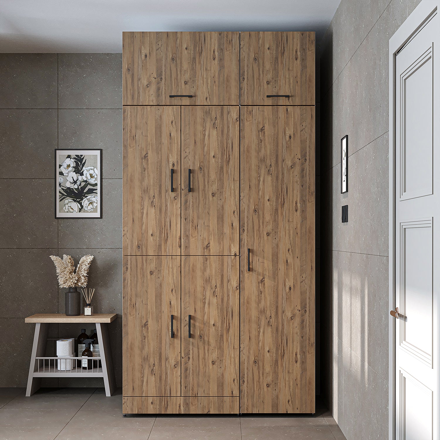 Roomart washing machine cabinet " DORA SET" for dryer & washing machine, 115 cm wide, in 4 colors, with doors & pull-out shelf - white - white oak - anthracite oak - oak - washing machine cabinet, washing machine shelf, washing tower, cabinet, white, washing machine