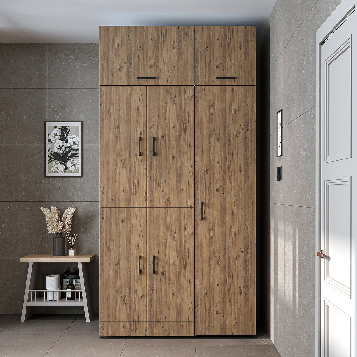 Armadio per lavatrice "DORA SET" per asciugatrice e lavatrice, larghezza 115 cm, in 4 colori, con ante e ripiano estraibile - bianco - rovere bianco - rovere antracite - rovere - armadio per lavatrice, scaffale per lavatrice, torre per lavatrice, armadio, bianco, lavatrice