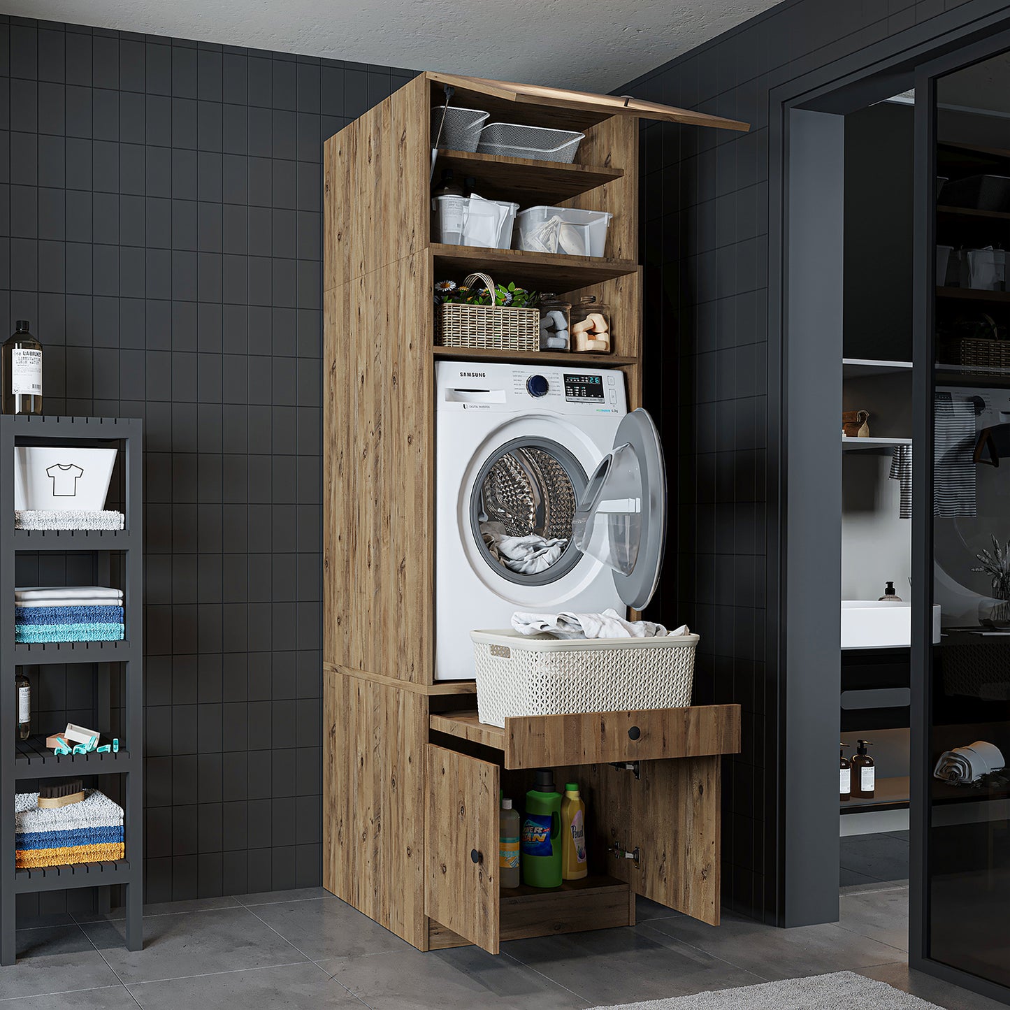 Roomart Armario para lavadora con estante extraíble - Blanco - Roble - Roble negro - armario para lavadora, estante para lavadora, torre de lavado, armario, blanco, lavadoras, armario bajo, lavadora, secadora, armario doméstico, armarios, armario de baño, armario alto
