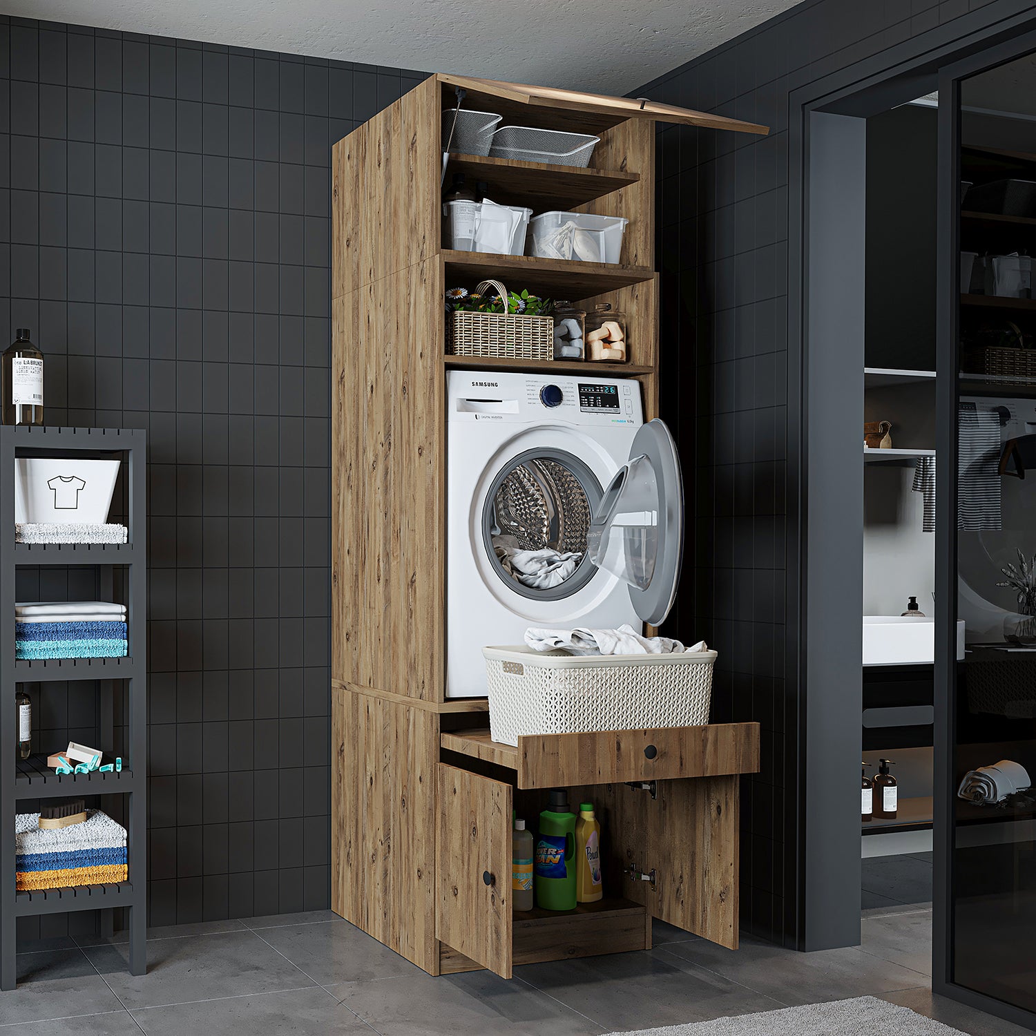 Roomart Waschmaschinenschrank mit Ausziehbrett • Weiß • Eiche • Schwarz eiche - waschmaschinenschrank, waschmaschinenregal, waschturm, schrank, weiß, waschmaschinen, unterschrank, waschmaschine, trockner, haushaltsschrank, schränke, badschrank, hochschran