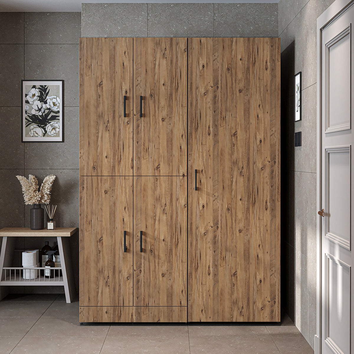Armadio per lavatrice "DORA SET" per asciugatrice e lavatrice, larghezza 130 cm, in 4 colori, con ante e ripiano estraibile - bianco - rovere bianco - rovere antracite - rovere - armadio per lavatrice, scaffale per lavatrice, torre per lavatrice, armadio, bianco, lavatrice