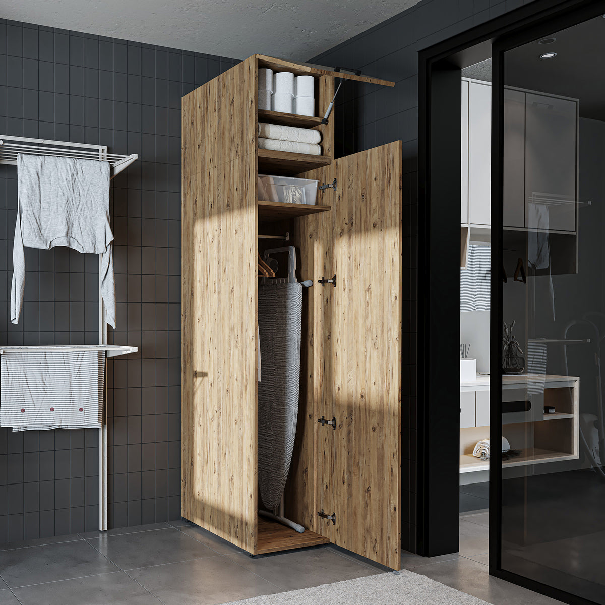 Roomart - DORA Armario alto 45cm ancho - Blanco - Roble blanco - Roble - Roble antracita - armario lavadora, estante lavadora, torre lavadora, armario, blanco, lavadoras, armario bajo, lavadora, secadora, armario hogar, armarios, armario baño, alto