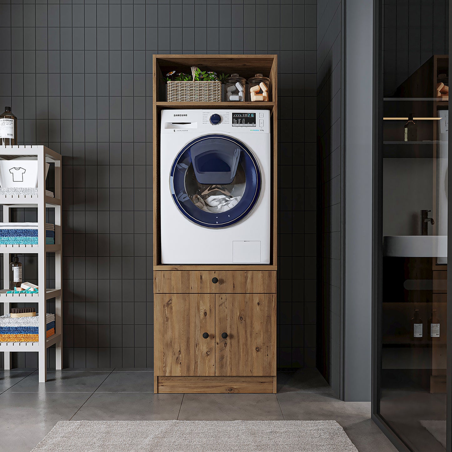 Roomart Armario para lavadora con estante extraíble - Blanco - Roble - Roble negro - armario para lavadora, estante para lavadora, torre de lavado, armario, blanco, lavadoras, armario bajo, lavadora, secadora, armario doméstico, armarios, armario de baño, armario alto