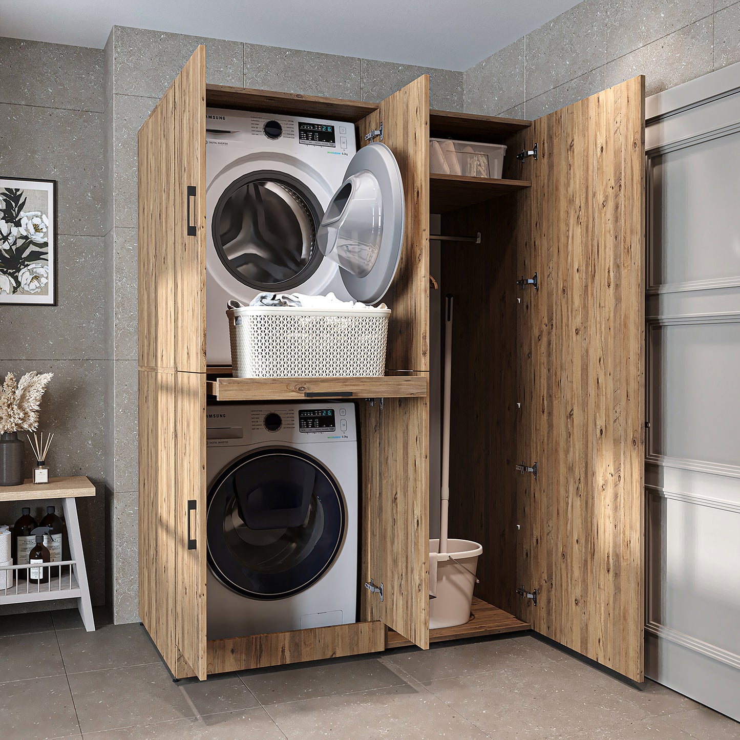 Roomart Waschmaschinenschrank " DORA SET" für Trockner & Waschmaschine, 130 cm breit, in 4 Farben, mit Türen & Ausziehbrett • Weiß • Weiß Eiche • Anthrazit Eiche • Eiche - waschmaschinenschrank, waschmaschinenregal, waschturm, schrank, weiß, waschmaschine