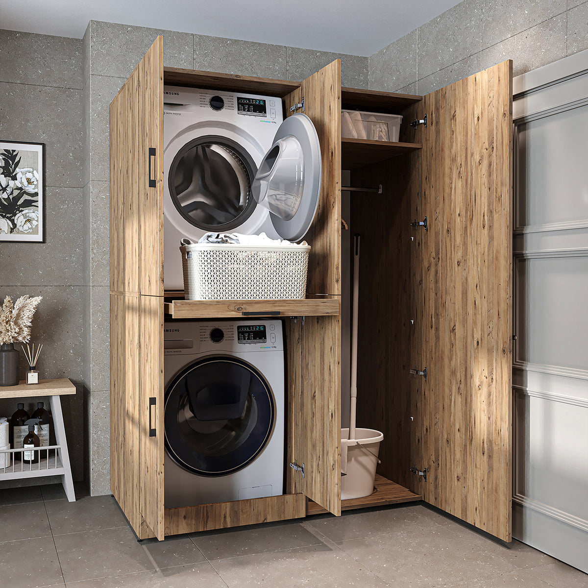 Armadio per lavatrice "DORA SET" per asciugatrice e lavatrice, larghezza 130 cm, in 4 colori, con ante e ripiano estraibile - bianco - rovere bianco - rovere antracite - rovere - armadio per lavatrice, scaffale per lavatrice, torre per lavatrice, armadio, bianco, lavatrice