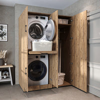 Roomart washing machine cabinet " DORA SET" for dryer & washing machine, 130 cm wide, in 4 colors, with doors & pull-out shelf - white - white oak - anthracite oak - oak - washing machine cabinet, washing machine shelf, washing tower, cabinet, white, washing machine