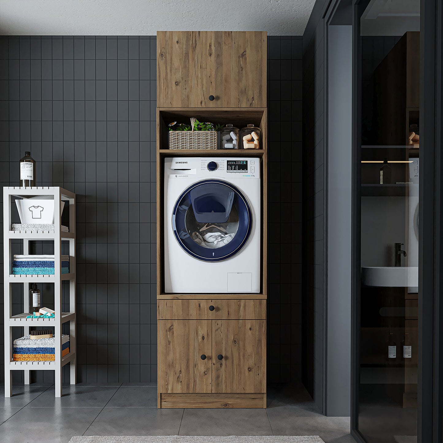 Roomart Armario para lavadora con estante extraíble - Blanco - Roble - Roble negro - armario para lavadora, estante para lavadora, torre de lavado, armario, blanco, lavadoras, armario bajo, lavadora, secadora, armario doméstico, armarios, armario de baño, armario alto