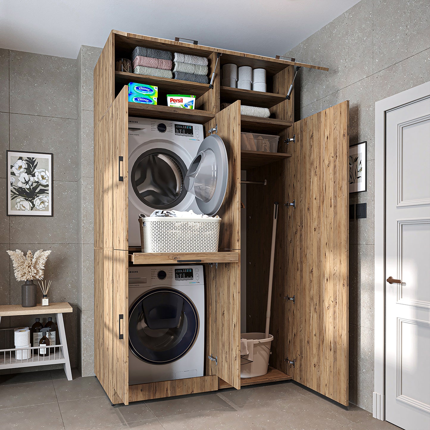 Roomart Waschmaschinenschrank " DORA SET" für Trockner & Waschmaschine, 130 cm breit, in 4 Farben, mit Türen & Ausziehbrett • Weiß • Weiß Eiche • Anthrazit Eiche • Eiche - waschmaschinenschrank, waschmaschinenregal, waschturm, schrank, weiß, waschmaschine