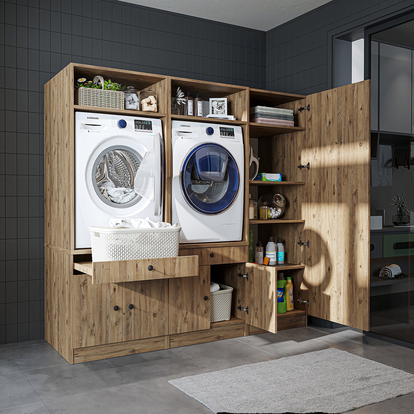 Roomart Schrankwand für Waschküche & Hauswirtschaftsraum, in 3 Farben, Mit Ausziehbrett • Weiß • Schwarz eiche - waschmaschinenschrank, waschmaschinenregal, waschturm, schrank, weiß, waschmaschinen, unterschrank, waschmaschine, trockner, haushaltsschrank,