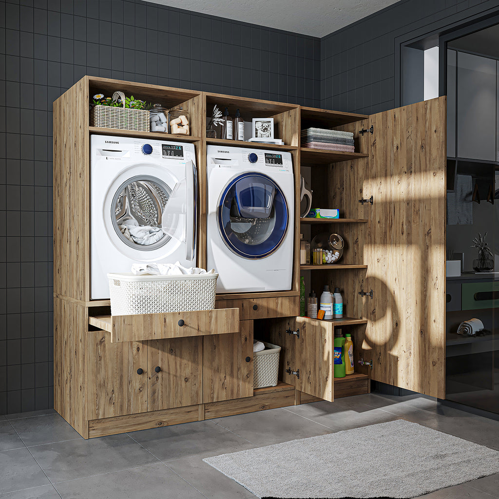 Mueble de pared Roomart para lavadero y cuarto de servicio, en 3 colores, con estante extraíble - blanco - roble negro - mueble para lavadora, estante para lavadora, torre para lavadora, mueble, blanco, lavadoras, mueble bajo, lavadora, secadora, mueble doméstico,