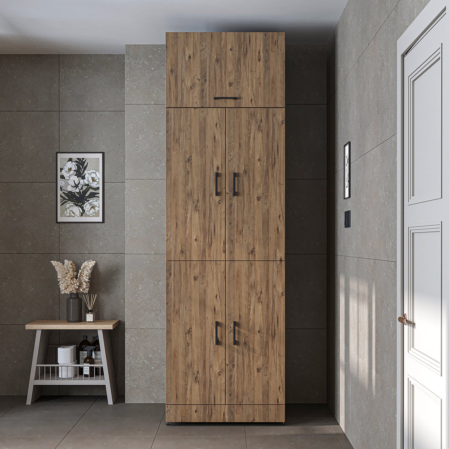 Roomart Waschmaschinenschrank " DORA " für Trockner & Waschmaschine, in 4 Farben, mit Türen & Ausziehbrett • Weiß • Weiß Eiche • Anthrazit Eiche • Eiche - waschmaschinenschrank, waschmaschinenregal, waschturm, schrank, weiß, waschmaschinen, unterschrank,