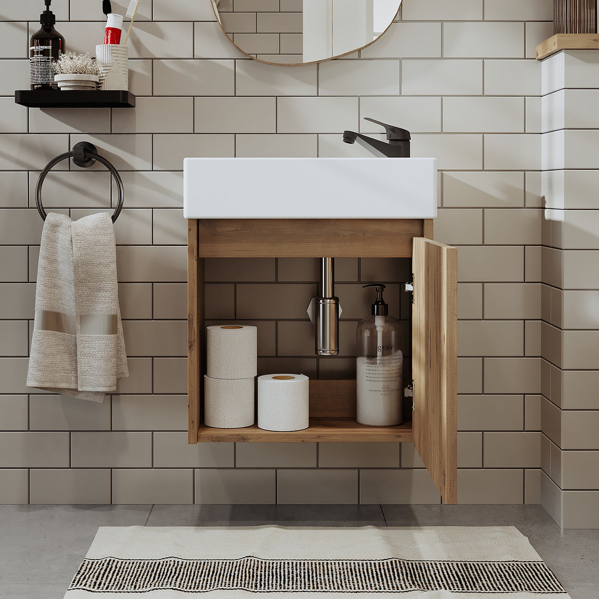 Roomart, mobile da bagno MINI con lavabo 50cm per WC ospiti in 5 colori - e, mobile a specchio, economico, set, mobili, senza, sifone, ceramica, set mobili bagno, set mobili bagno, stile casa di campagna, lavabo, lavabo, mobile bagno, lavabo da appoggio