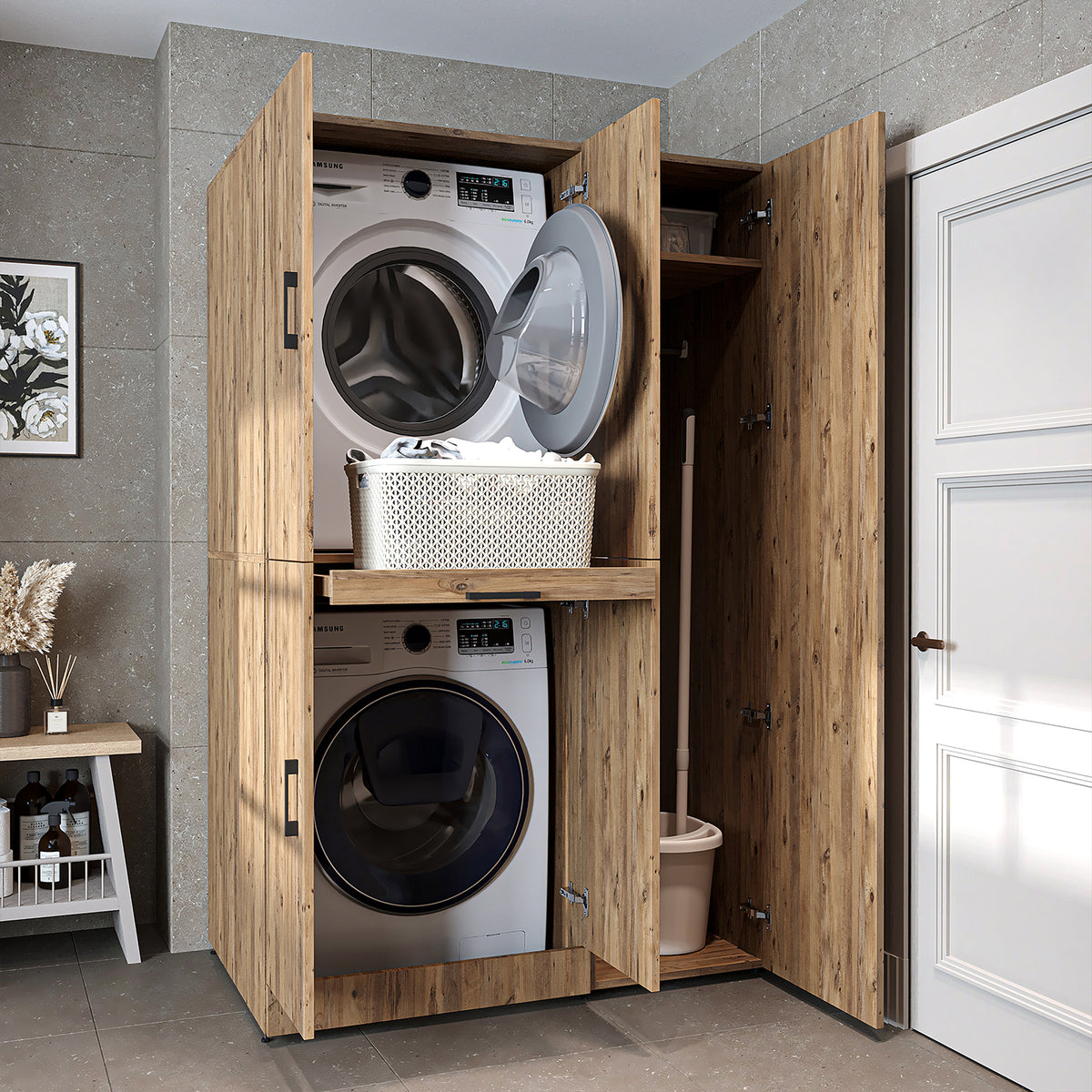 Armadio per lavatrice "DORA SET" per asciugatrice e lavatrice, larghezza 115 cm, in 4 colori, con ante e ripiano estraibile - bianco - rovere bianco - rovere antracite - rovere - armadio per lavatrice, scaffale per lavatrice, torre per lavatrice, armadio, bianco, lavatrice