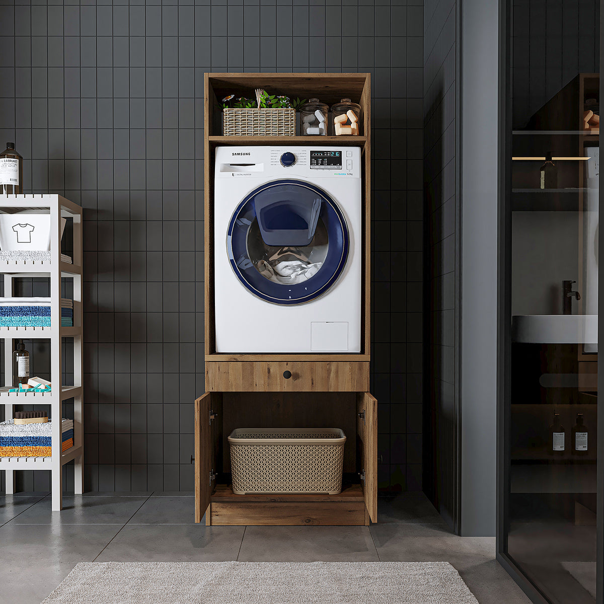 Roomart Waschmaschinenschrank mit Ausziehbrett • Weiß • Eiche • Schwarz eiche - waschmaschinenschrank, waschmaschinenregal, waschturm, schrank, weiß, waschmaschinen, unterschrank, waschmaschine, trockner, haushaltsschrank, schränke, badschrank, hochschran