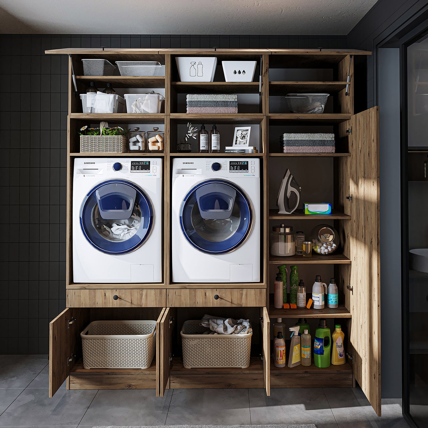 Roomart Schrankwand für Waschküche & Hauswirtschaftsraum, in 3 Farben, Mit Ausziehbrett • Weiß • Schwarz eiche - waschmaschinenschrank, waschmaschinenregal, waschturm, schrank, weiß, waschmaschinen, unterschrank, waschmaschine, trockner, haushaltsschrank,