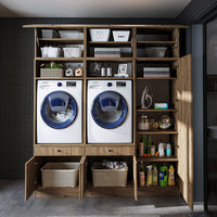 Mueble de pared Roomart para lavadero y cuarto de servicio, en 3 colores, con estante extraíble - blanco - roble negro - mueble para lavadora, estante para lavadora, torre para lavadora, mueble, blanco, lavadoras, mueble bajo, lavadora, secadora, mueble doméstico,