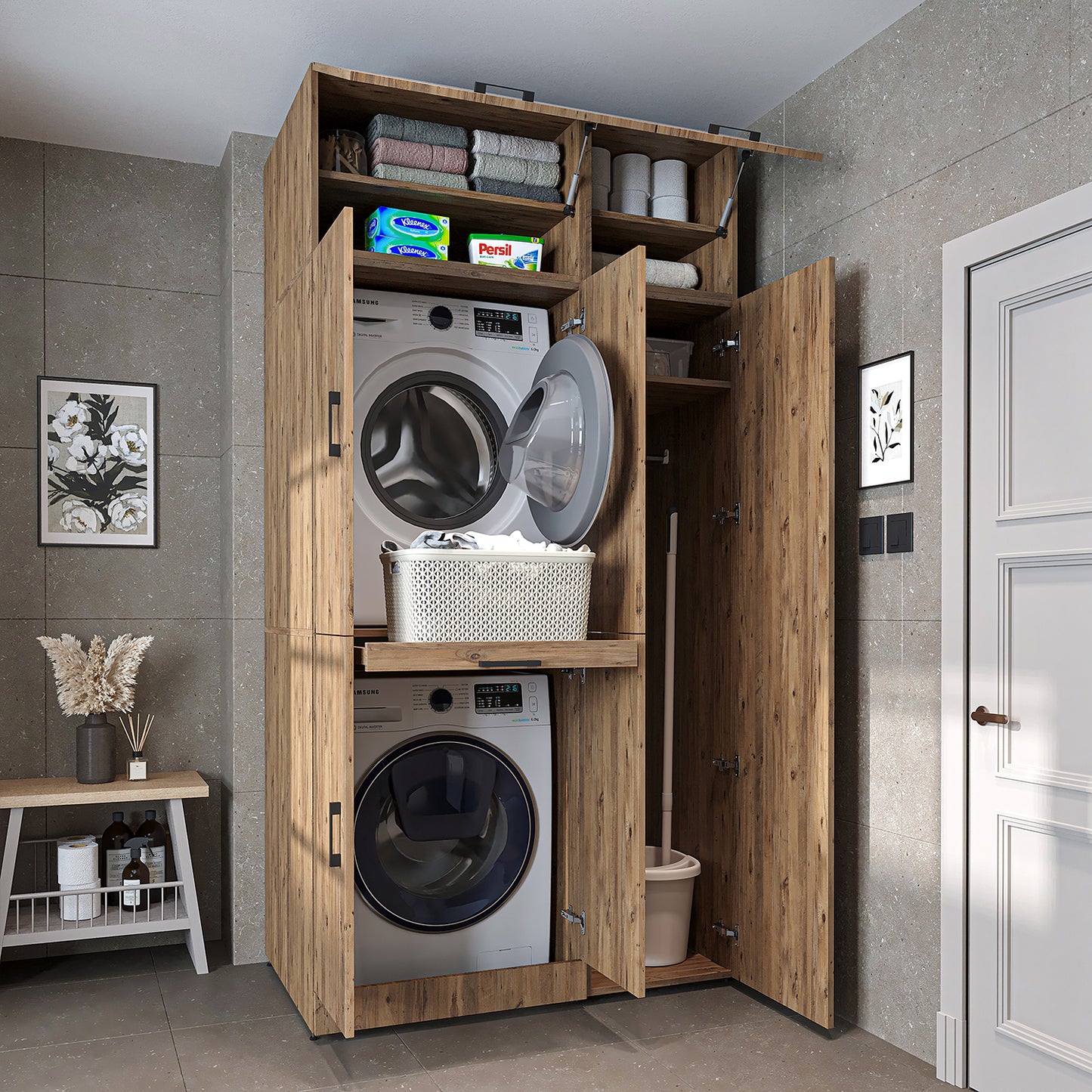 Roomart Waschmaschinenschrank " DORA SET" für Trockner & Waschmaschine, 115 cm breit, in 4 Farben, mit Türen & Ausziehbrett • Weiß • Weiß Eiche • Anthrazit Eiche • Eiche - waschmaschinenschrank, waschmaschinenregal, waschturm, schrank, weiß, waschmaschine