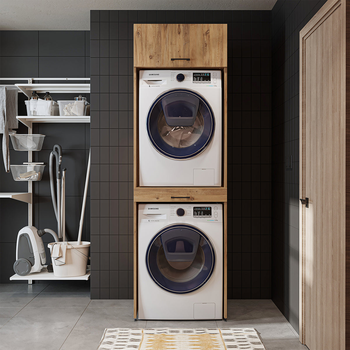 Roomart Waschmaschinenschrank für Trockner & Waschmaschine, in 3 Farben, mit Ausziehbrett • Weiß • Eiche • Schwarz Eiche - waschmaschinenuntergestelle, dämpfer waschmaschine, waschmaschinen aufsatz für trockner, unterschrank waschmaschine, kühlschrank erh