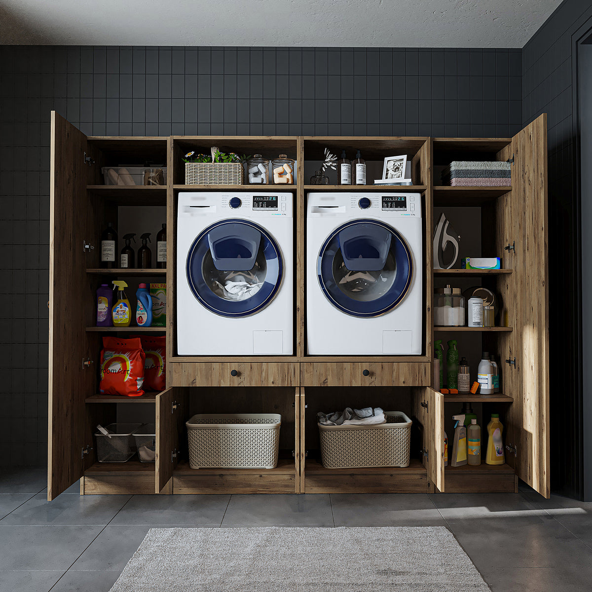 Ver detalles de Roomart Armario para lavadora y mueble alto para lavadero y cuarto de servicio - 224 cm de ancho - con práctico estante extraíble - disponible en blanco, roble o roble negro Roomart Armario para lavadora y mueble alto para lavadero y cuarto de servicio - 224 cm de ancho - con práctico estante extraíble - disponible en blanco, roble o roble negro