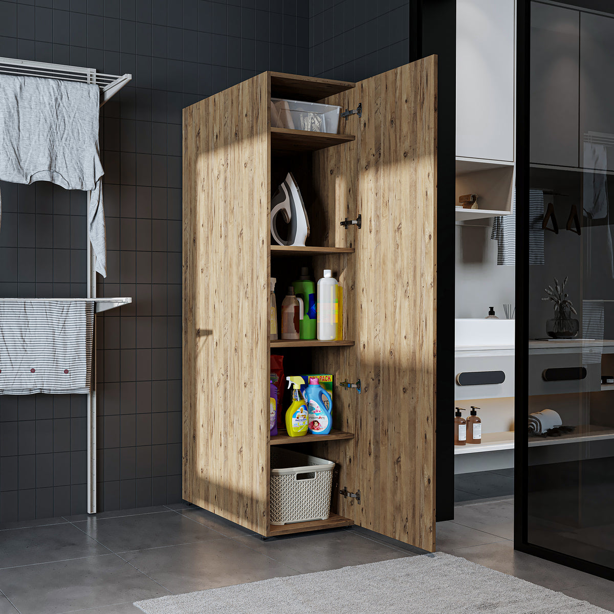Roomart - DORA Armario alto 45cm ancho - Blanco - Roble blanco - Roble - Roble antracita - armario lavadora, estante lavadora, torre lavadora, armario, blanco, lavadoras, armario bajo, lavadora, secadora, armario hogar, armarios, armario baño, alto