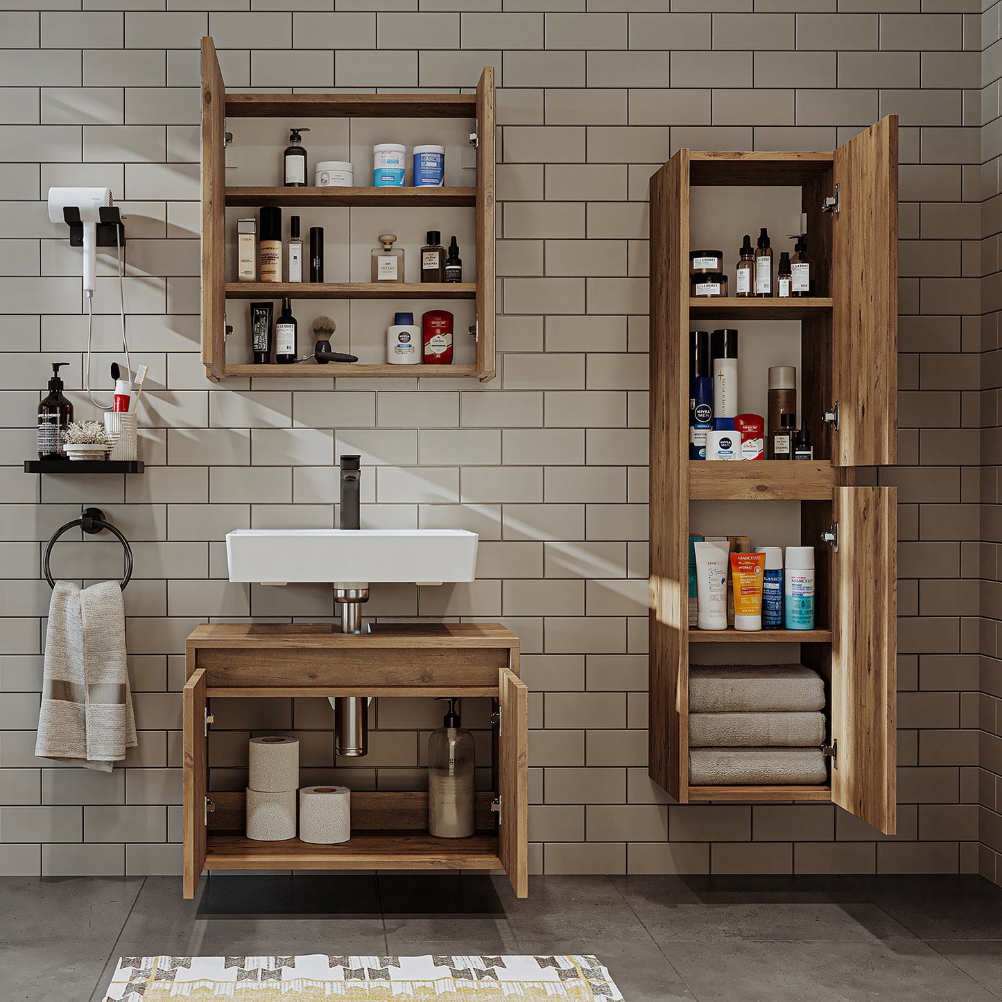 Roomart juego de muebles de baño MELONA 3 piezas, en 4 colores, mueble lavabo 65cm - mueble con espejo - mueble alto- muebles de baño, juego, lavabo, lavabo, baño, muebles, muebles de baño, baño, mueble lavabo, cm, ancho, moderno, lavabo, profundo, con, mueble lavabo