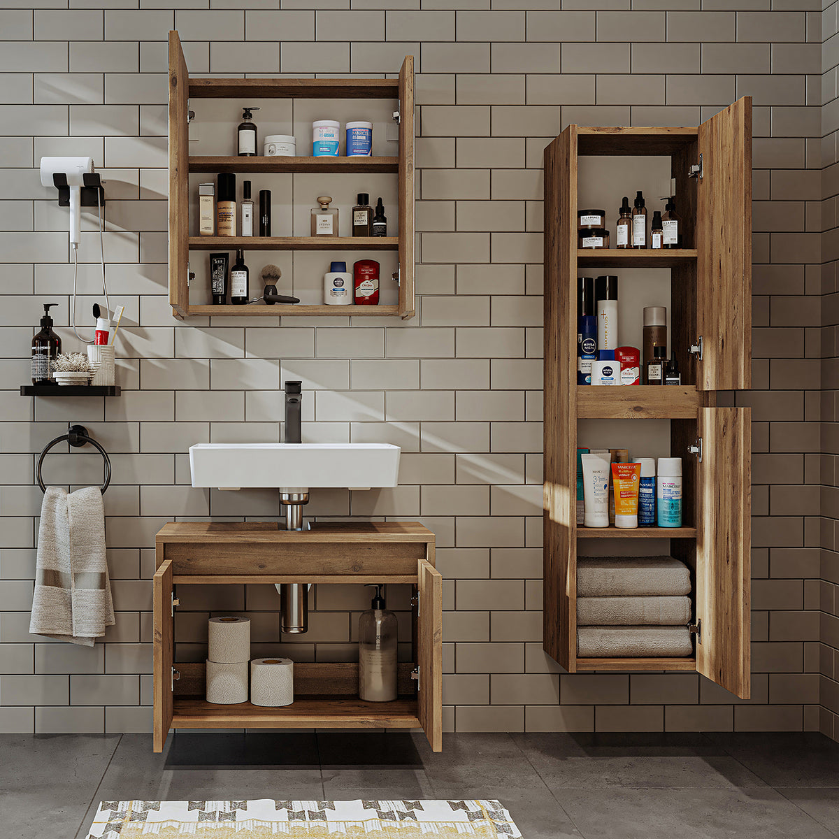 Set di mobili da bagno Roomart MELONA 3 pezzi, in 4 colori, mobiletto da 65 cm - specchiera - colonna - mobili da bagno, set, lavabo, lavatoio, bagno, mobili da bagno, mobili da bagno, mobile da bagno, mobile da lavabo, cm, largo, moderno, lavabo, profondo, con, mobiletto da bagno