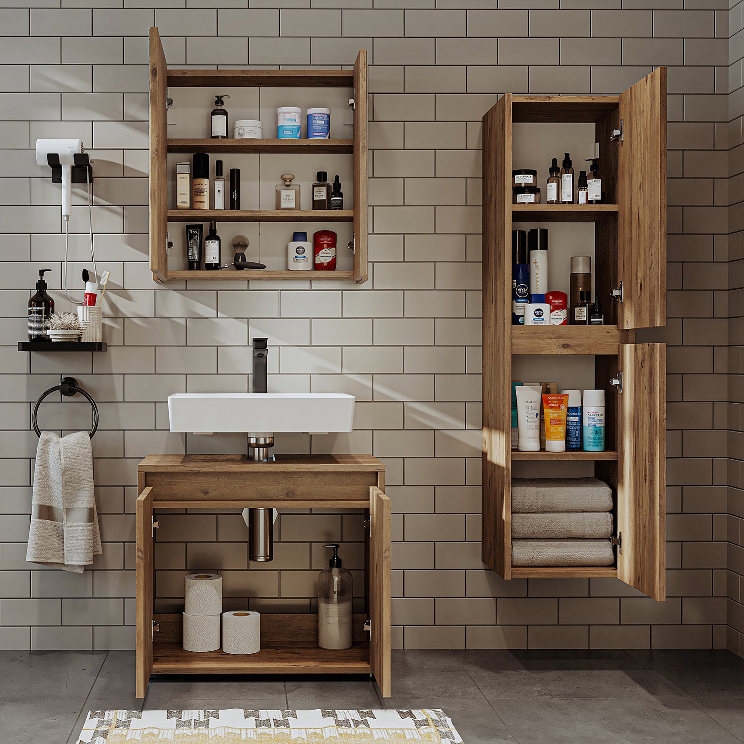 Roomart Badmöbel Set MELONA 3-teilig, in 4 Farben, 65cm Unterschrank • Spiegelschrank • Hochschrank-badezimmerschrank, waschbecken, badezimmermöbel, badschrank, badezimmer, mit, unterschrank, badmöbel, set, waschtisch, möbel, badezimmermãbel, bad, badezim