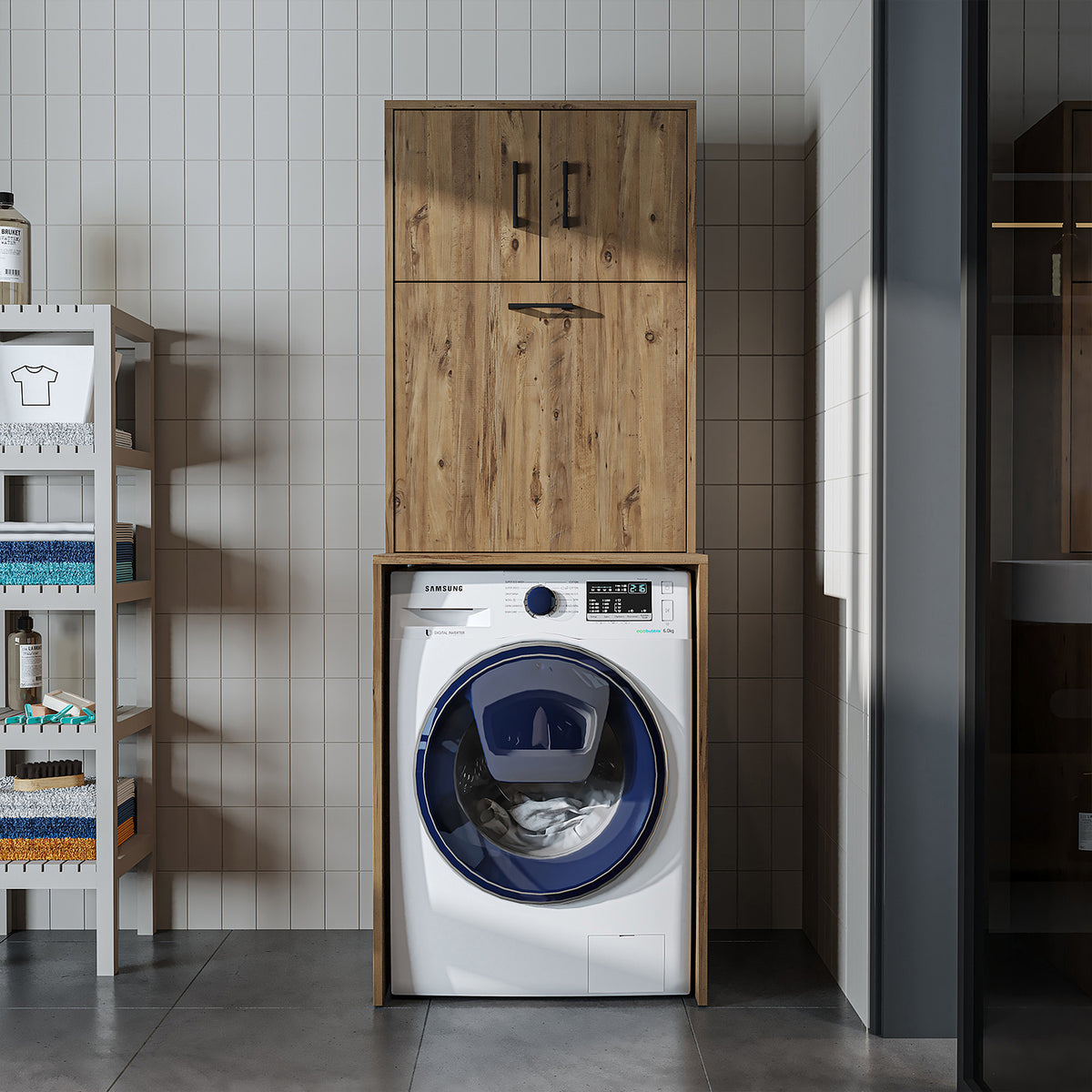 Roomart, washing machine cabinet LUNA, washing machine superstructure with laundry basket, WDH: 65 X 181 X 65 cm, in white, oak, anthracite oak, oak - washing machine cabinet, washing machine shelf, washing tower, cabinet, white, washing machines, base cabinet, washing machine, t